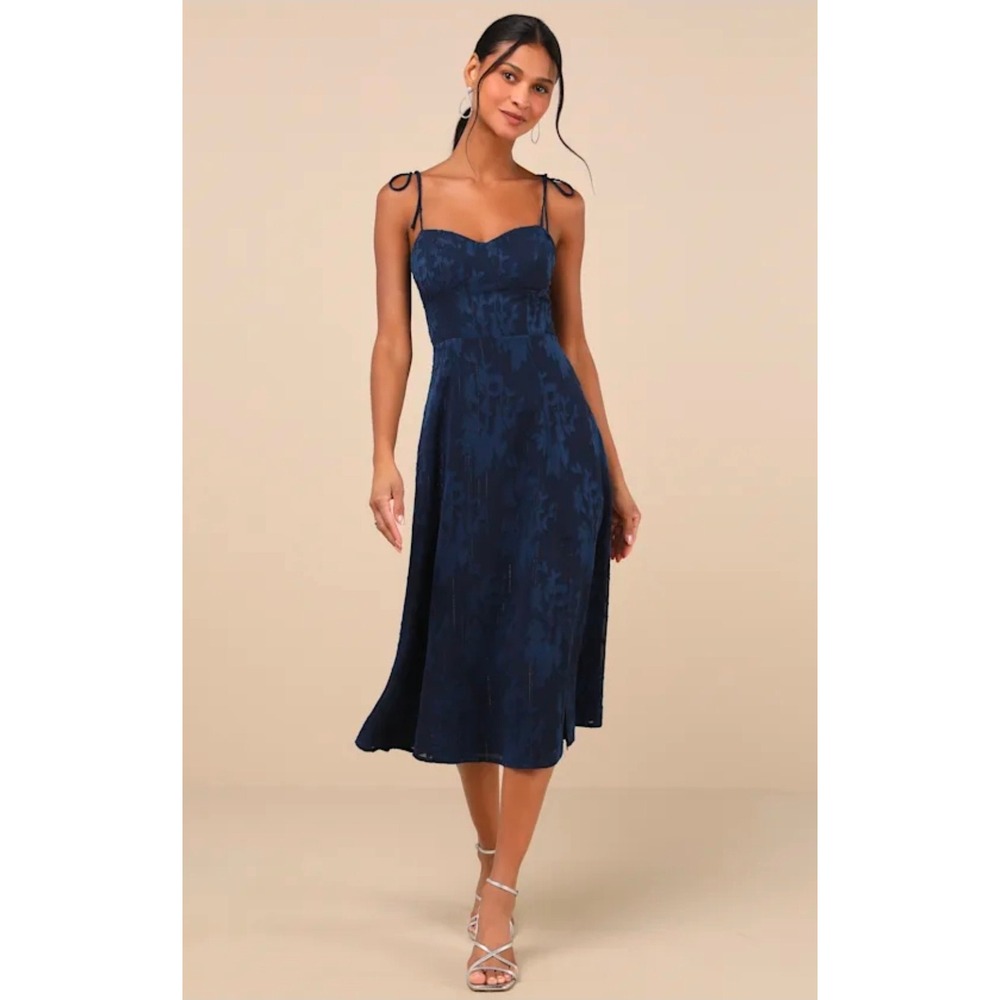 Lulus Loveliest Looks Navy Blue Floral Jacquard Tie Strap Midi Dress Large Women